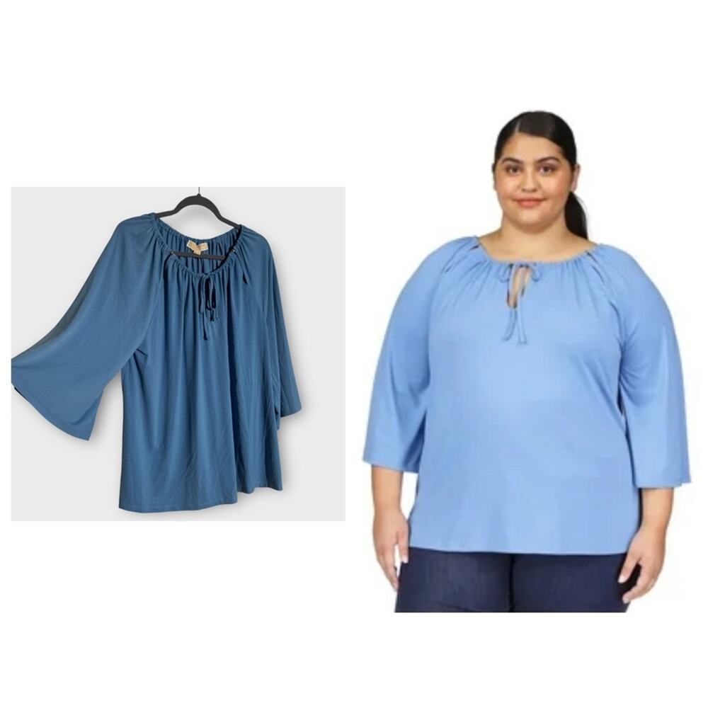 NEW MICHAEL Michael Kors Blue Peasant Keyhole Blouse, 1X - Picture 1 of 13